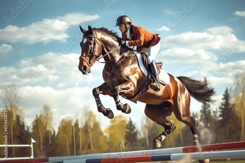 Horse jumping. Show Jumping. Equestrian Sports. Horse riding. Digital ai art, Generative AI  © Dhriti