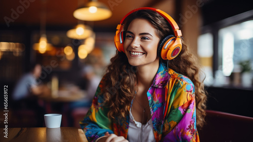 Beautiful young woman in headphones and with a microphone conducts a podcast, blogger communicates with her subscribers on social networks photo