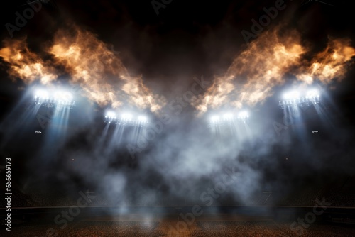 Bright stadium arena lights and smoke, Generative AI 