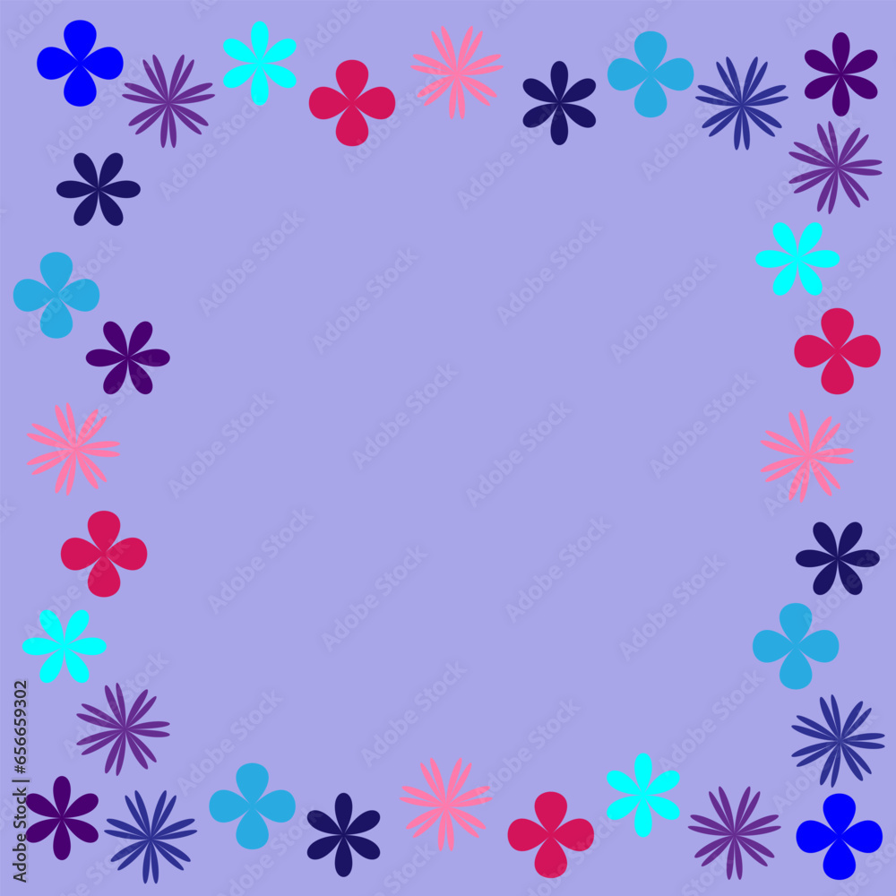 Vector illustration in the form of a frame of multi-colored flowers on a lilac background