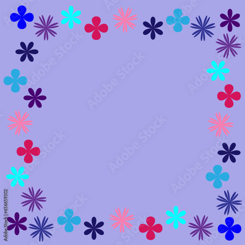 Vector illustration in the form of a frame of multi-colored flowers on a lilac background