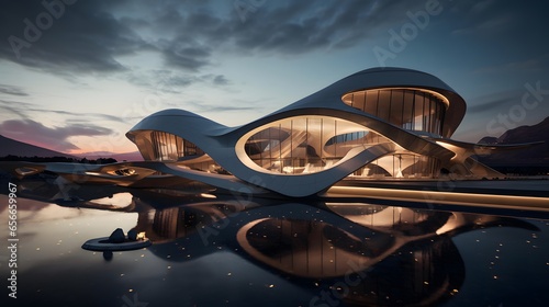 3D rendering of a futuristic building in a futuristic landscape with a lake