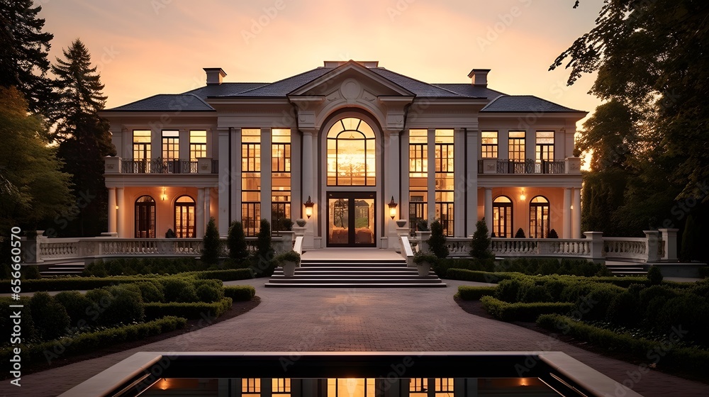 A panoramic view of the entrance of a modern mansion at sunset.