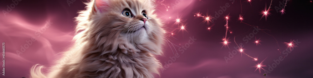 Cute gray cat on light purple background. Banner with pet and space for text Cute gray cat on light purple background. Banner with pet and space for text