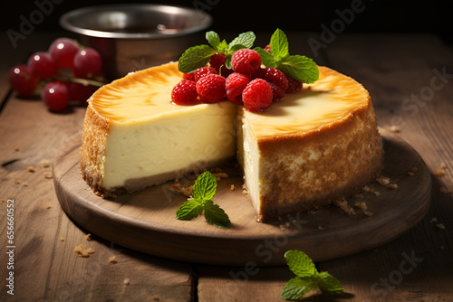 Classic cheese cake with raspberries. New York cheese cake on wooden background. Sliced tasty curd cheesecake on woodenn board served with fresh raspberries and mint leaves. Berry curd cheese cake photo