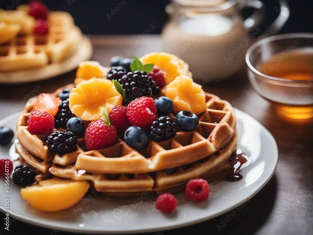 Deliciously looking Waffle's with fresh fruits, blurry background Deliciously looking Waffle's with fresh fruits, blurry background