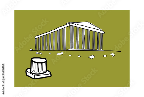 Greek Parthenon building and broken columns. Old Greece, historical architecture, archaeology. Icon, symbol hand drawn basic illustration.