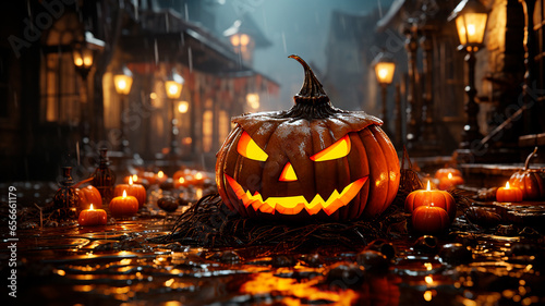 Halloween spooky background, scary pumpkins on street road. Generative AI