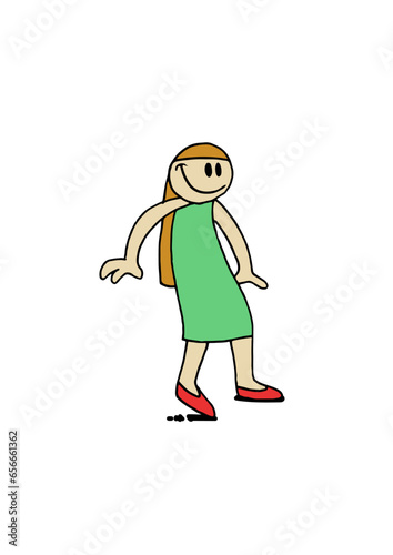 Cute smiling woman character walking stealthily. Colorful basic hand drawn cartoon style illustration isolated on white background.
