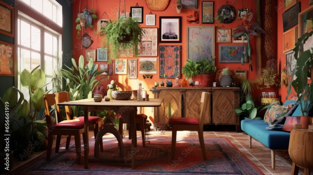 Interior design inspiration of Bohemian Eclectic style home dining room loveliness decorated with Fabric and Wood material and Gallery wall .Generative AI home interior design . - obrazy, fototapety, plakaty 