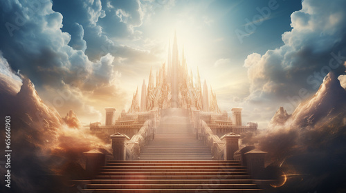 Stairway Through Clouds Leading To Heavenly Light.rendering 3D