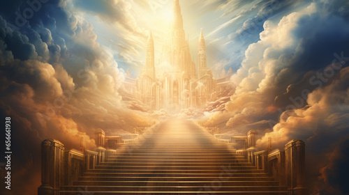 Stairway to heaven concept art. Glowing staircase leading to the heavens.