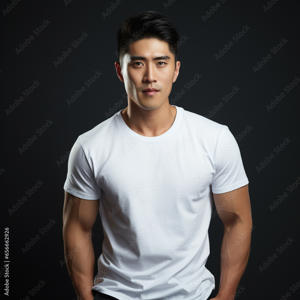 Obraz premium White T-Shirt on Handsome Asian Male Model, Fashionable Presentation