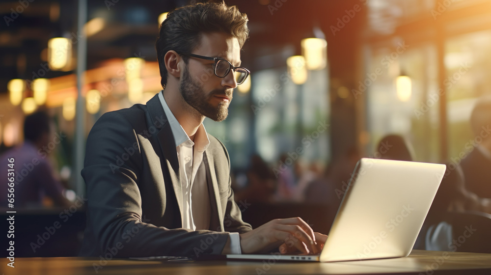 Businessman working typing on a laptop in the office and smiling, successful career | Generative AI Businessman working typing on a laptop in the office and smiling, successful career | Generative AI