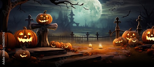 Nighttime Halloween party invitation featuring pumpkins skeletons and a graveyard with copyspace for text