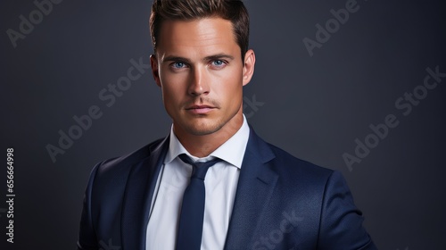 Confident mid-30s businessman in a navy blue suit, sharp focus, with neatly groomed brown hair and piercing blue eyes. Clean backdrop, soft lighting and professional  © Aidas