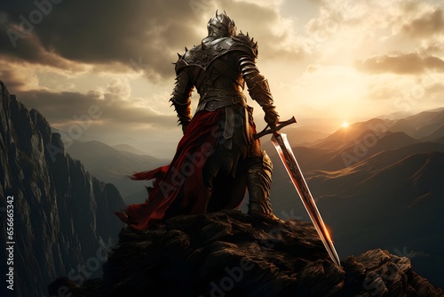 Knight with sword on top of mountain. 3d render illustration.