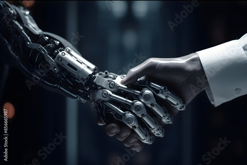 Close up of human and robot arm shaking hands. innovation in business, future robotics, modern business teamwork, Partnership concept