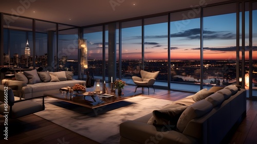 Panorama of modern living room with panoramic windows overlooking the city
