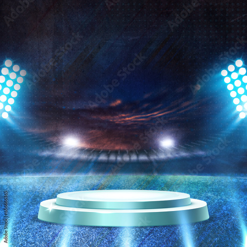 Cricket template for social media posts. Cricket background with stadium lights, gallery and field. Amazing readymade background for sports social media posts.Podium and spotlight for product showcase