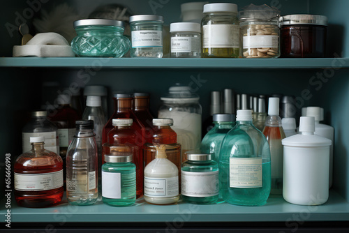A well-organized medicine cabinet with various healthcare products. Concept of home health management. Generative Ai.