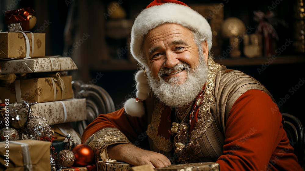 Santa Claus with gifts, creative image in the office