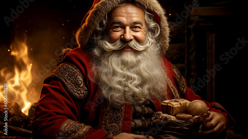 Stylized creative Santa Claus with gifts in the house near the fireplace