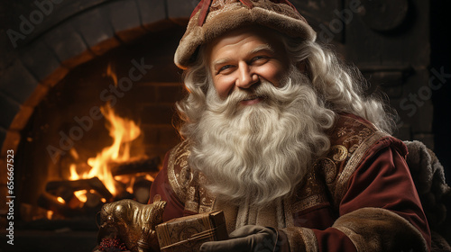 Santa Claus with gifts, creative image in the house near the fireplace