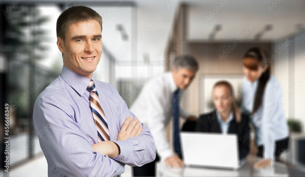 Portrait of business man at work in modern office, AI generated image Portrait of business man at work in modern office, AI generated image