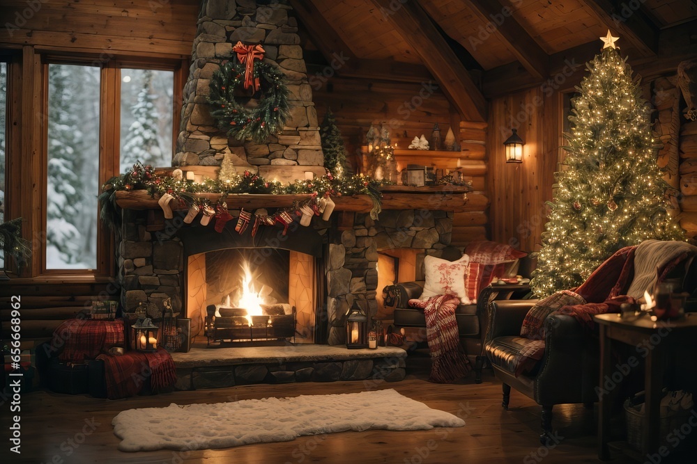 New Year's interior with fireplace, Christmas tree, garlands, socks, rug, pillows, armchair in a wooden old house