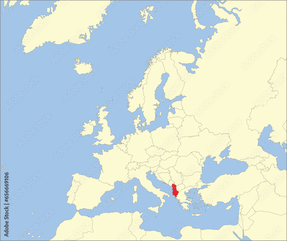 Obraz premium Red CMYK national map of ALBANIA inside detailed beige blank political map of European continent on blue background using Mollweide projection
