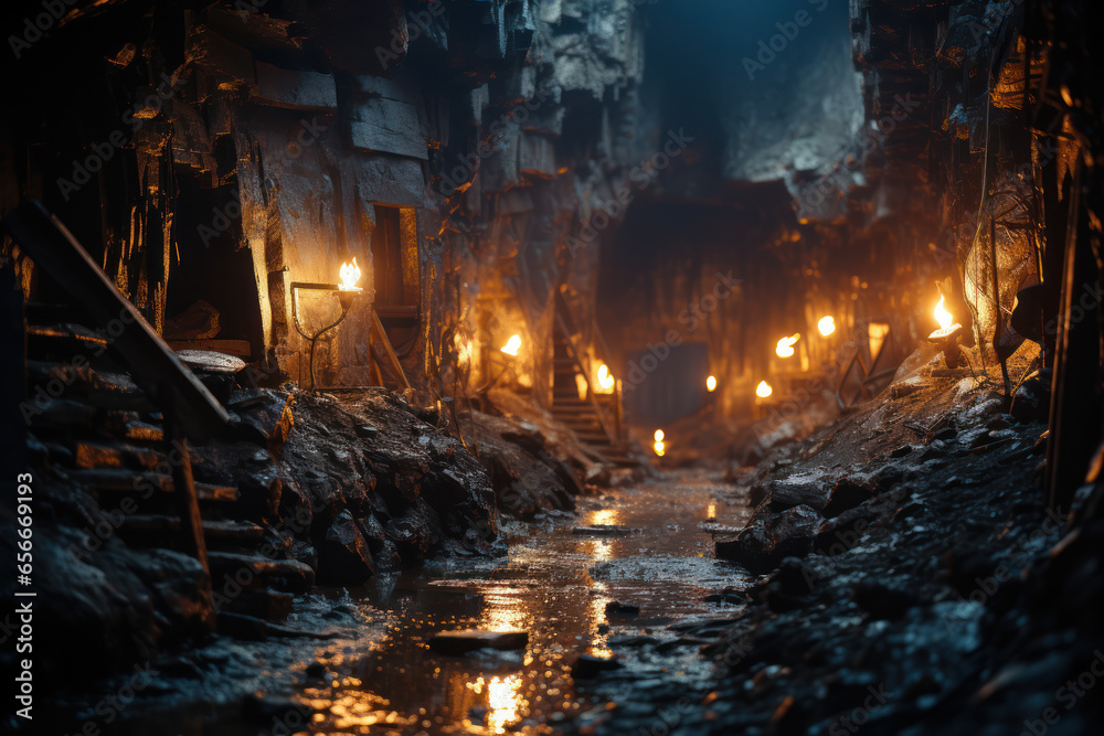 A collapsed mine tunnel, representing the dangers faced by miners in underground disasters. Concept of mining accident. Generative Ai. A collapsed mine tunnel, representing the dangers faced by miners in underground disasters. Concept of mining accident. Generative Ai.