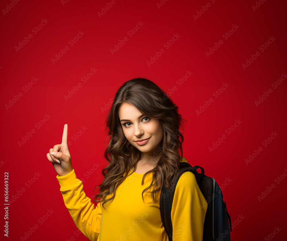 female student pointing with the finger to the side against red background
female student pointing with the finger to the side against red background