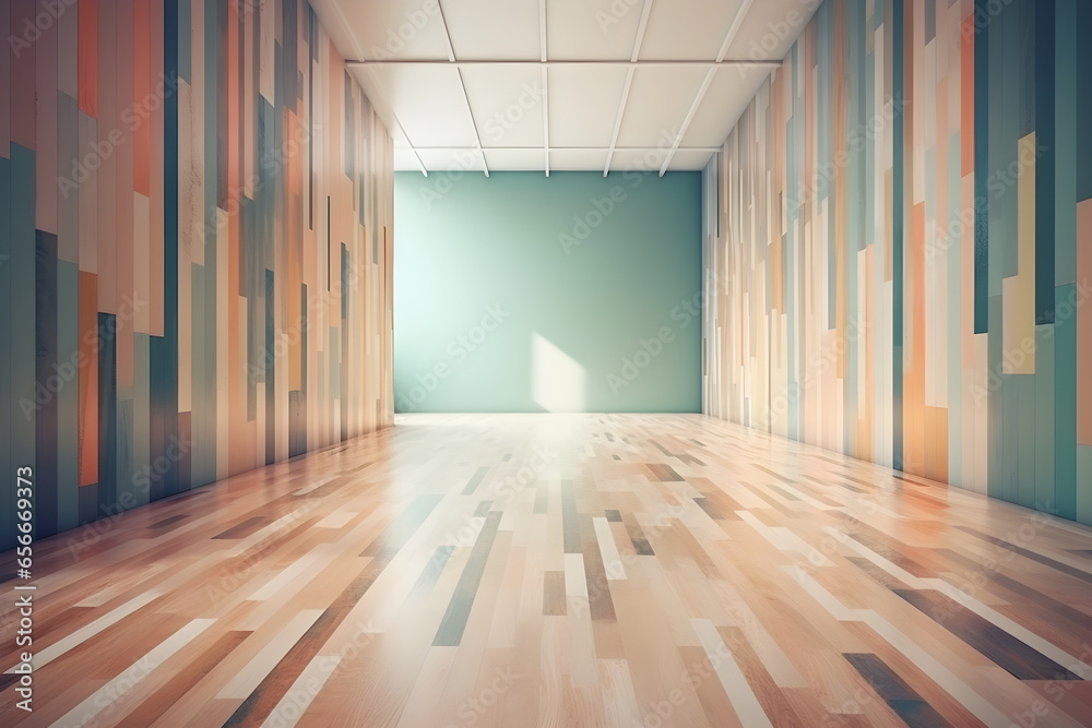 Empty room of a museum with wooden floor and abstract painting on wall. 3d rendering, exhibition gallery