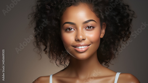 beautiful black woman touch face with smooth healthy skin, happy smiling.