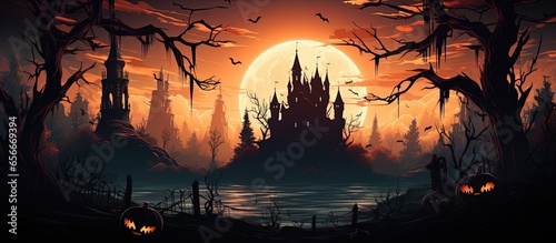 Halloween illustration featuring a castle glowing sun and cemetery with dead trees with copyspace for text
