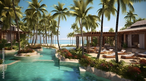 Swimming pool with palm trees and sunbeds at luxury resort