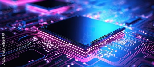 High tech computer engineer with circuit board chip processor and database coding skills creating abstract hardware and software using pixels screen and blue and pink neon light effect with photo