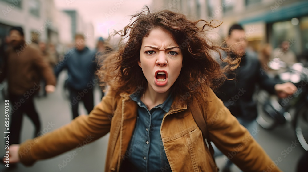 Young woman with an angry mood Because she has a problem with people driving on the road.Generative AI.