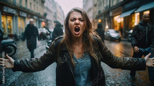 Young woman with an angry mood Because she has a problem with people driving on the road.Generative AI. photo