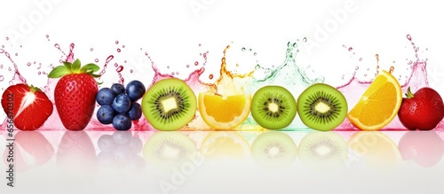 Colorful fruit stripe collection with splash on white background with copyspace for text