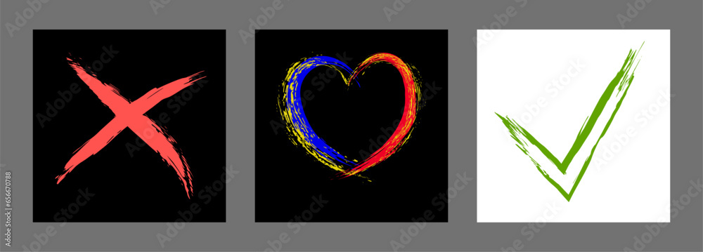 The cross, heart and OK symbol are hand-drawn with a brush. Prohibition, denial, error. Love. Approval, consent. Vector, set of 3 characters The cross, heart and OK symbol are hand-drawn with a brush. Prohibition, denial, error. Love. Approval, consent. Vector, set of 3 characters