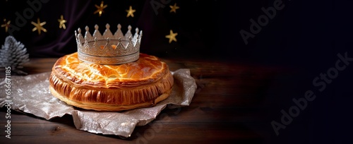 Galette des rois traditionnelle avec une couronne argentée posée dessus, du sucre glace décore ce gâteau pour la Fête des Rois Mages. Délicieux dessert françaisqui célèbre le début d´année. Spécialité photo