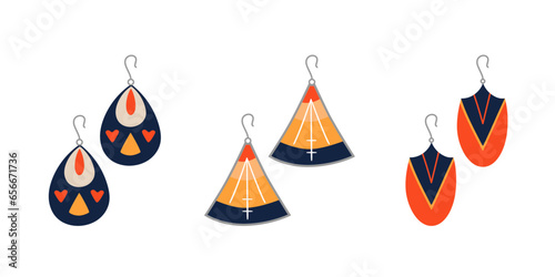 Female vintage earrings set. Boho style set, fashion design earrings. Isolated vector illustration 