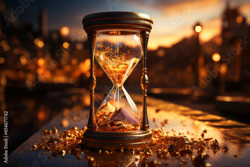 A broken hourglass releasing its last grains of sand, illustrating the finality of moments and the end of time. Concept of impermanence. Generative Ai. #656671762