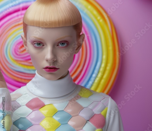 Caucasian Woman Rainbow Artistic Colors Backdrop Generative AI