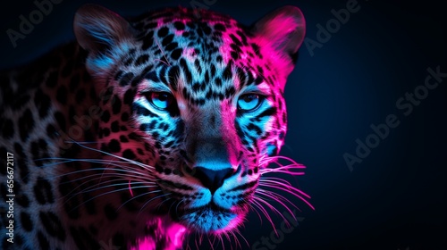 Template of a fierce leopard under colorful pink and blue neon light background, with copy space, studio shot.