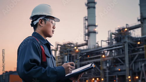 Engineering standing in front of oil refinery building structure in industry