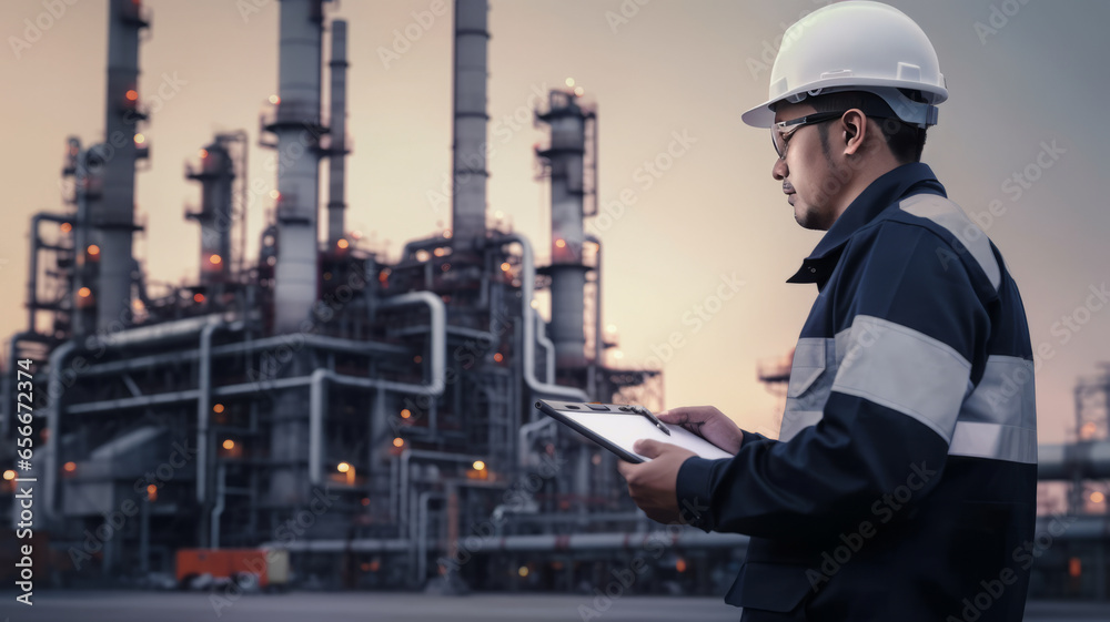 Engineering standing in front of oil refinery building structure in industry Engineering standing in front of oil refinery building structure in industry