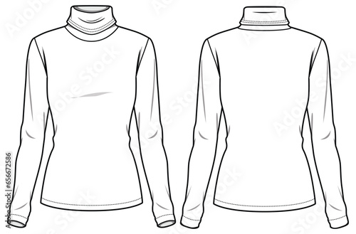 Women's High neck long sleeve T Shirt flat sketch fashion illustration drawing template mock up with front and back view. Turtle neck ladies t-shirt